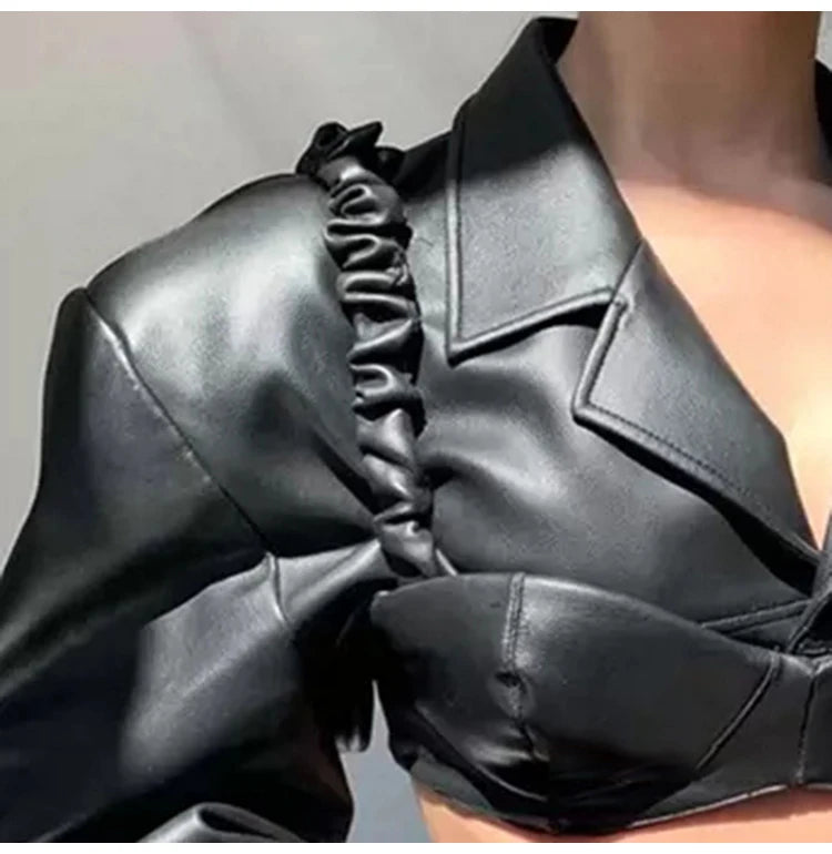 Lautaro Spring Autumn Short Black Light Faux Leather Jacket Women Long Sleeve Lapel Runway Stylish Sexy Fashion 2021 Cropped Top