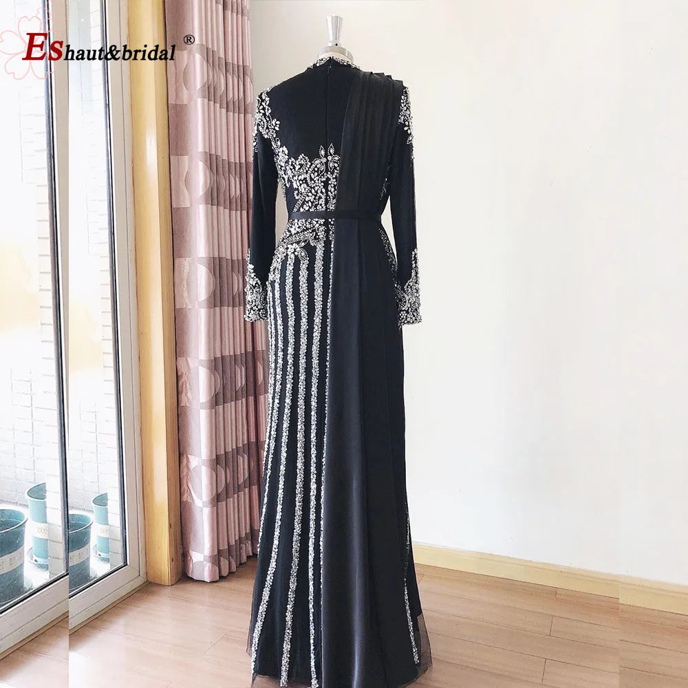 Elegant Muslim Wedding Evening Dress for Women 2026 Crystal High Neck Long Sleeves Mermaid Formal Prom Party Gowns Customized