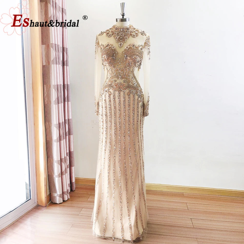 Elegant Muslim Wedding Evening Dress for Women 2026 Crystal High Neck Long Sleeves Mermaid Formal Prom Party Gowns Customized