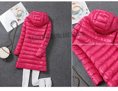 2023 Women Autumn Winter Ultralight Thin Packable Down Long Jacket  Female Hat Detachable Slim Fit Skirt Coat Portable Outwear