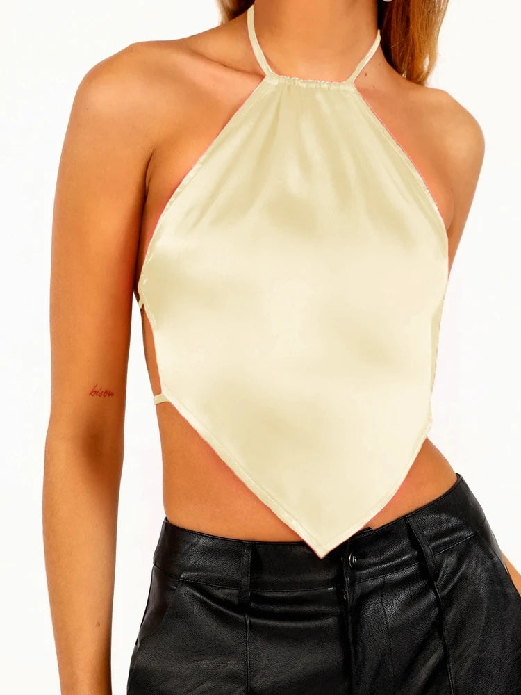 Backless Blue Sexy Halter Top Women Satin Camisole Party Strappy Short Tanks Camis Wrap Tops Y2k Clothes Summer 2022 Outfits