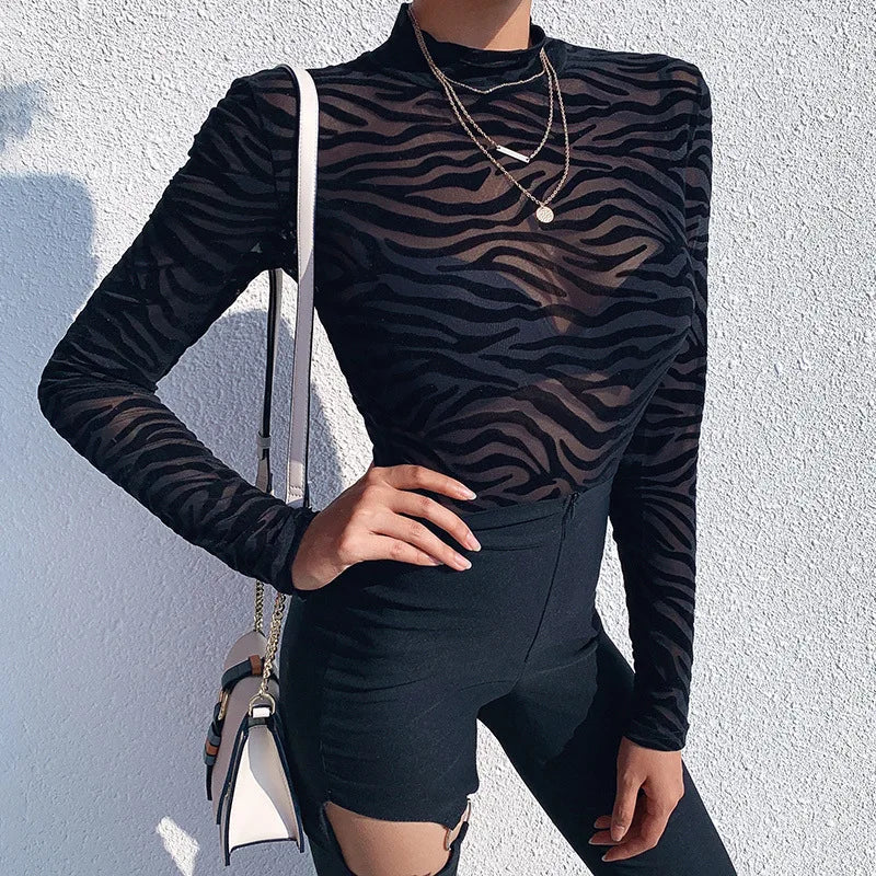 Women's Black Mesh Long Sleeve Slim Bodysuit with Sexy Stripe Mock Neck Transparent Casual Rompers for Party Club Lady 2025