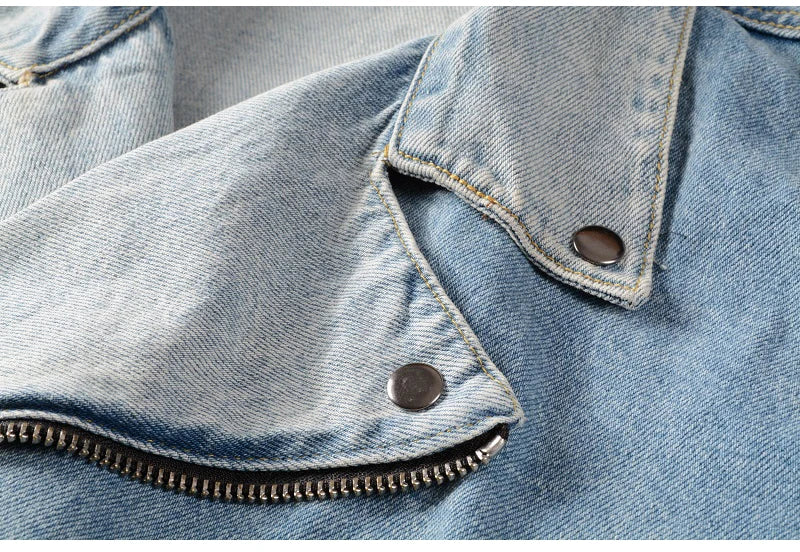Sokotoo Men's Holes Ripped Blue Jean Biker Jacket for Motorcycle Streetwear Zippers Turn Down Collar Denim Coat Outerwear