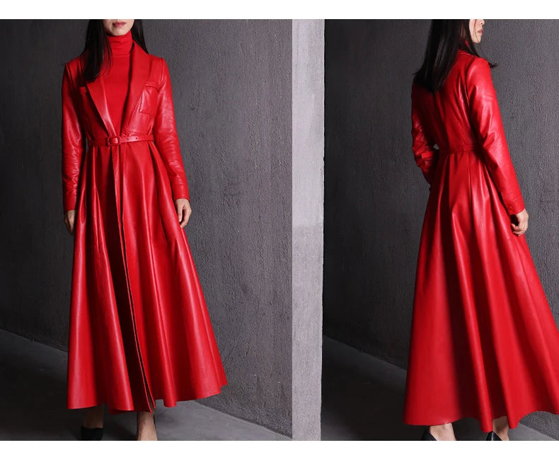 Nerazzurri High Quality Red Black Maxi Pu Leather Trench Coat for Women Extra Long Skirted Elegant Overcoat Fashion 5xl 6xl 7xl