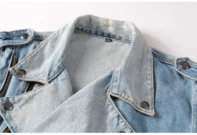 Sokotoo Men's Holes Ripped Blue Jean Biker Jacket for Motorcycle Streetwear Zippers Turn Down Collar Denim Coat Outerwear