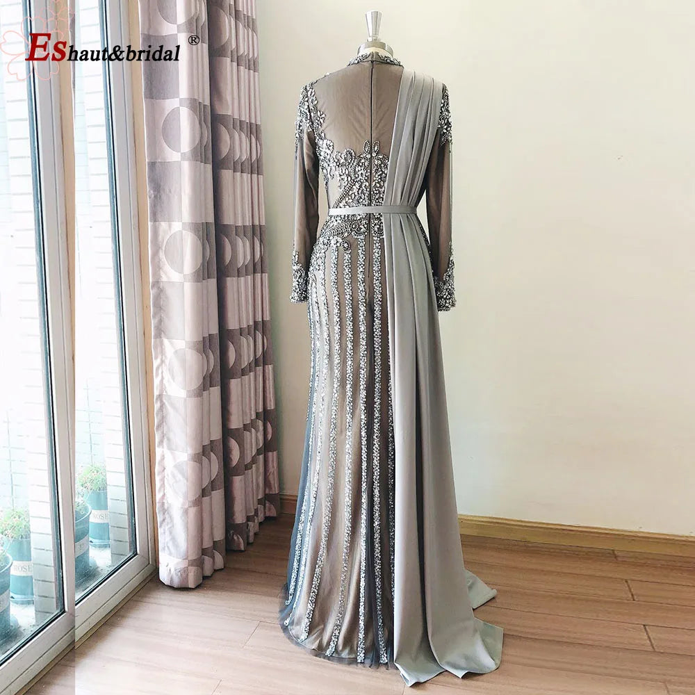 Elegant Muslim Wedding Evening Dress for Women 2026 Crystal High Neck Long Sleeves Mermaid Formal Prom Party Gowns Customized