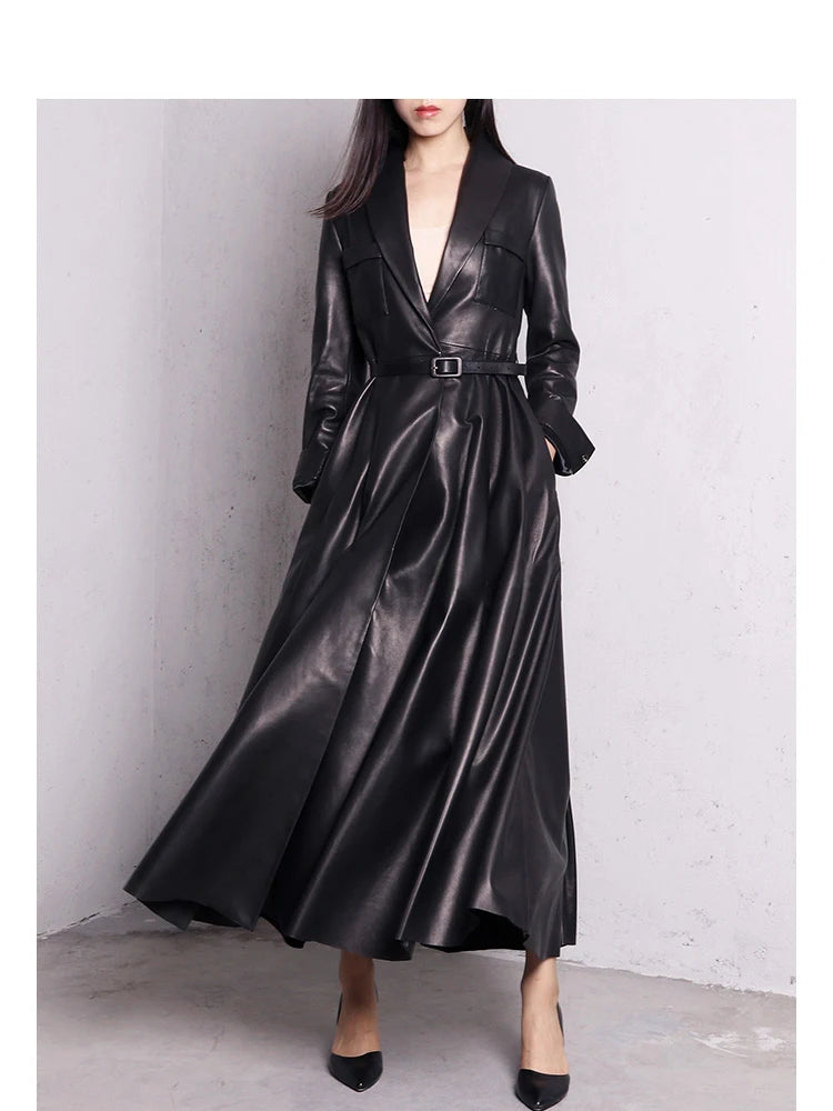 Nerazzurri High Quality Red Black Maxi Pu Leather Trench Coat for Women Extra Long Skirted Elegant Overcoat Fashion 5xl 6xl 7xl