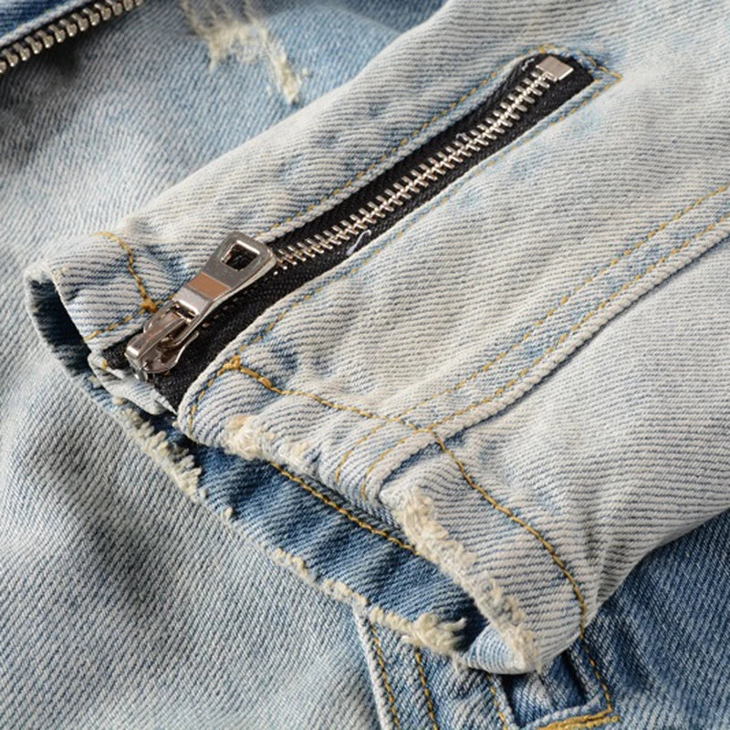 Sokotoo Men's Holes Ripped Blue Jean Biker Jacket for Motorcycle Streetwear Zippers Turn Down Collar Denim Coat Outerwear