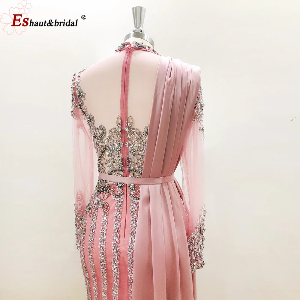 Elegant Muslim Wedding Evening Dress for Women 2026 Crystal High Neck Long Sleeves Mermaid Formal Prom Party Gowns Customized