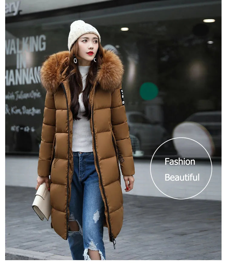 2024 Women's Down Parkas Winter Jacket Big Fur Collar Thick Slim Coat Fashion Hooded Cotton Outerwear Long Winter Woman Coat