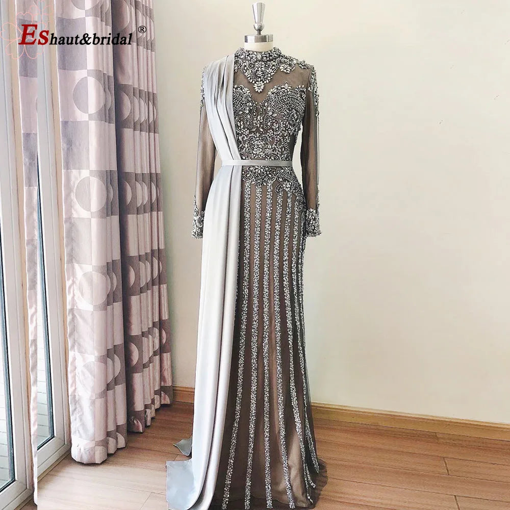 Elegant Muslim Wedding Evening Dress for Women 2026 Crystal High Neck Long Sleeves Mermaid Formal Prom Party Gowns Customized