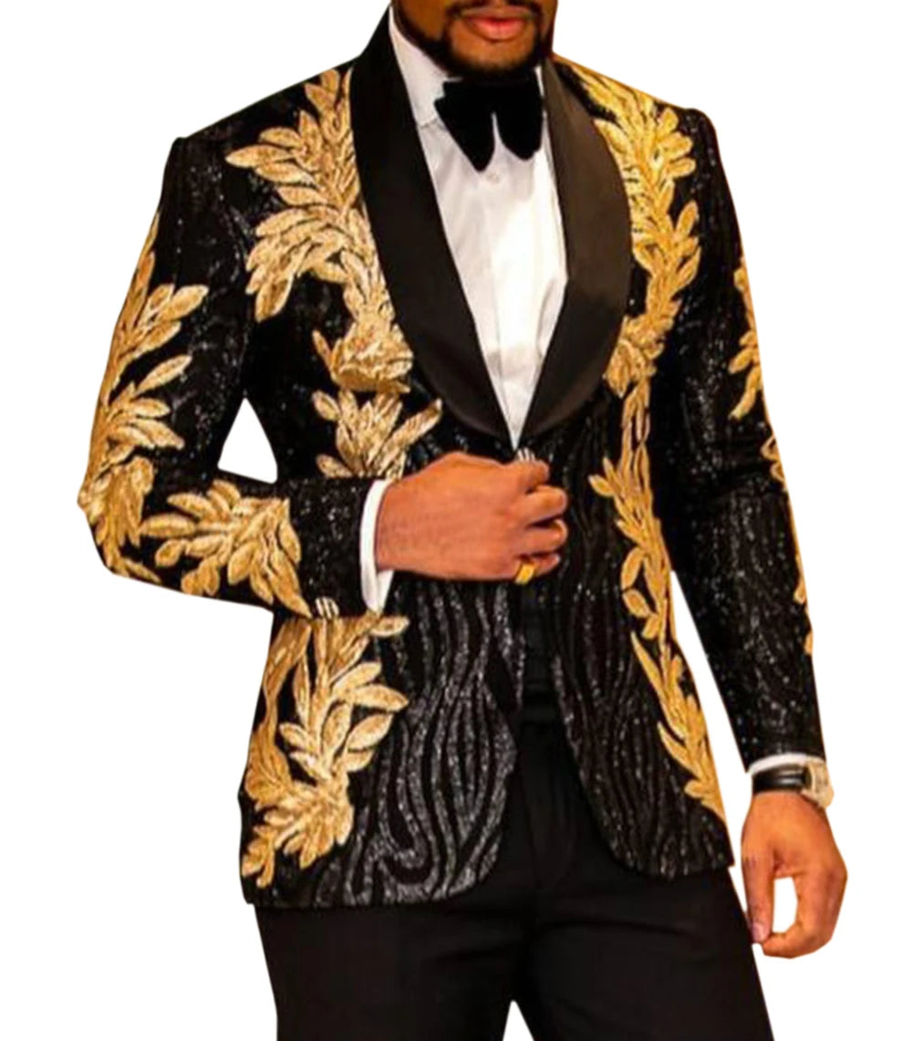 2 Pieces Slim Fit Men's Shiny Sequins Gold Applique Suits Prom Tuxedos Grooms Jacket For Wedding Party Suits Set  Blazer+Pants