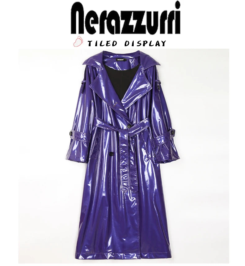Nerazzurri Long Waterproof Black Patent Leather Trench Coat for Women 2020 Double Breasted Iridescent Oversized Leather Coat 7XL