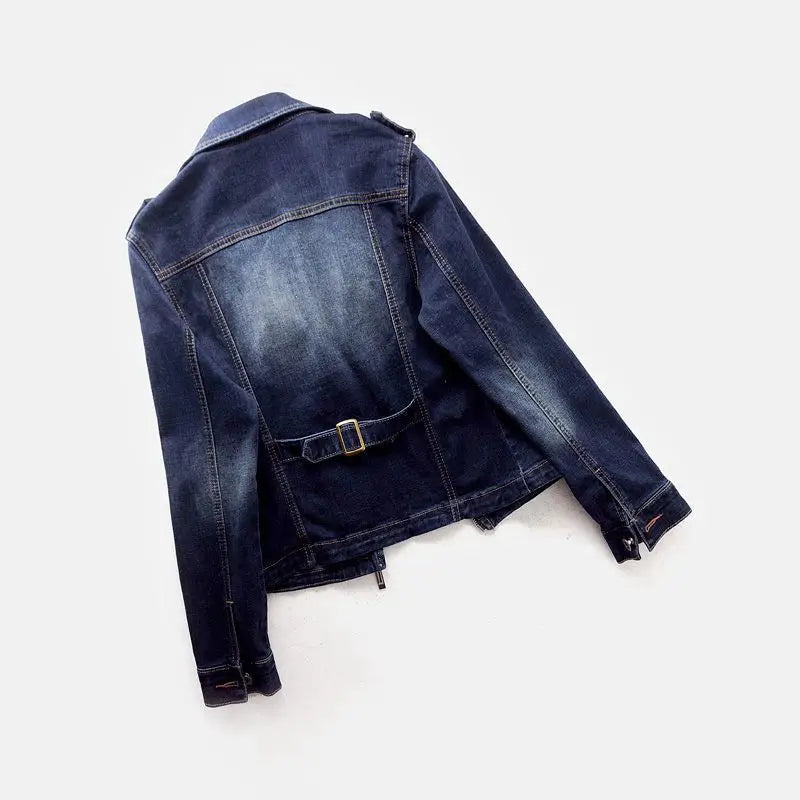 Short Zipper Stretch Denim Jacket Women Slim Vintage Spring Autumn Lady Long-sleeved Motorcycle Coat Casual Female Jean Outwear