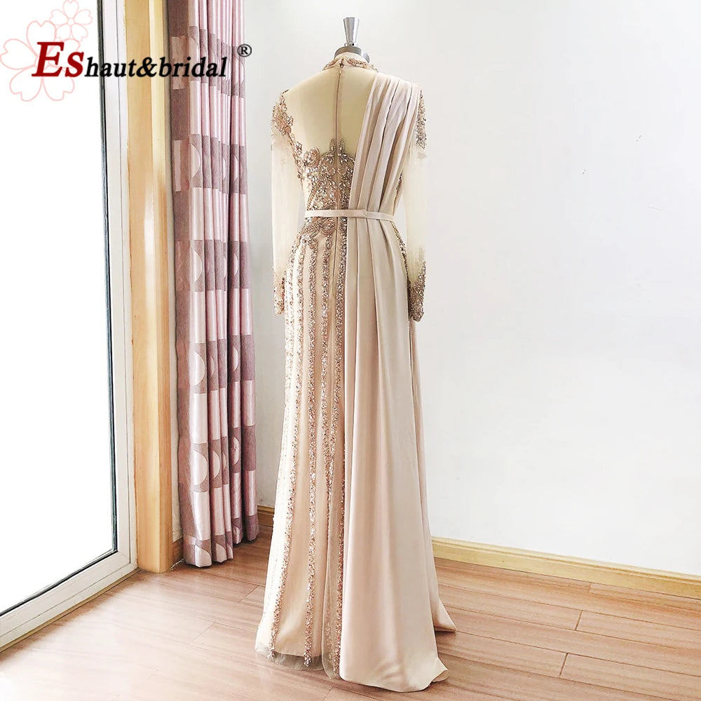 Elegant Muslim Wedding Evening Dress for Women 2026 Crystal High Neck Long Sleeves Mermaid Formal Prom Party Gowns Customized