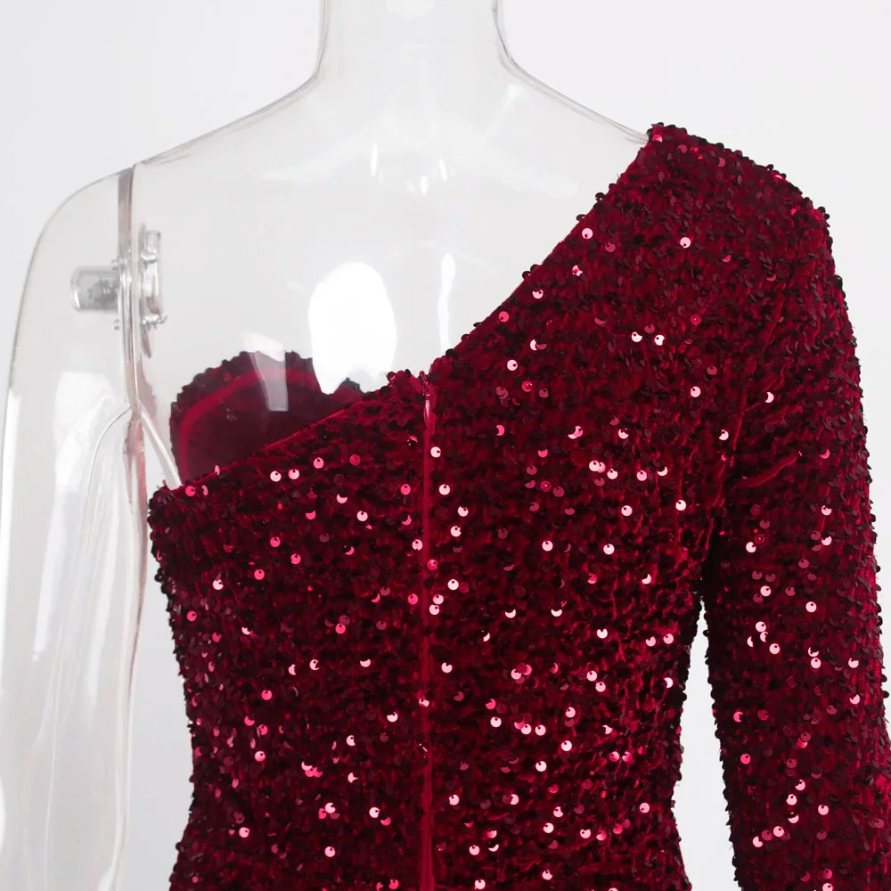 Black Stretch Sparkles Sequined One Sleeve Bodycon Party Dress Padded Knee Length Sexy Night Club Midi Dress Burgundy