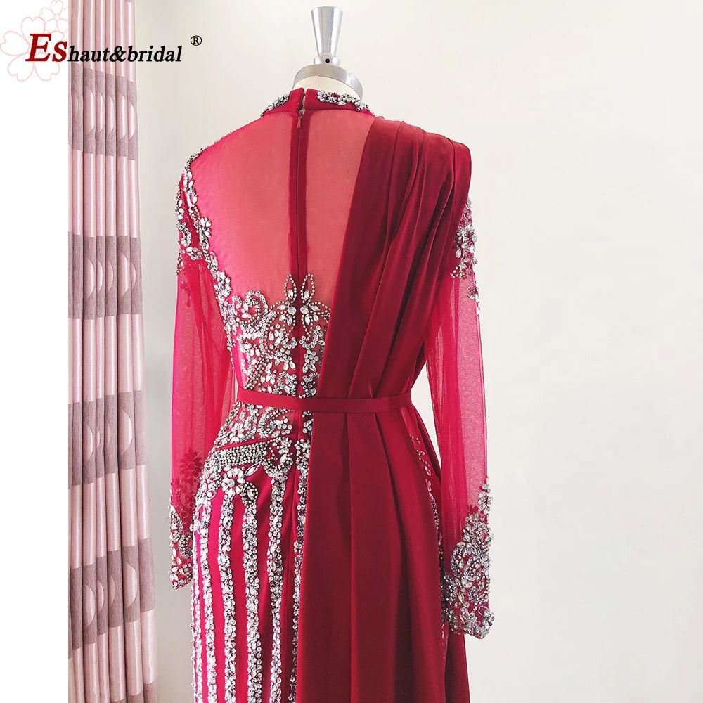 Elegant Muslim Wedding Evening Dress for Women 2026 Crystal High Neck Long Sleeves Mermaid Formal Prom Party Gowns Customized