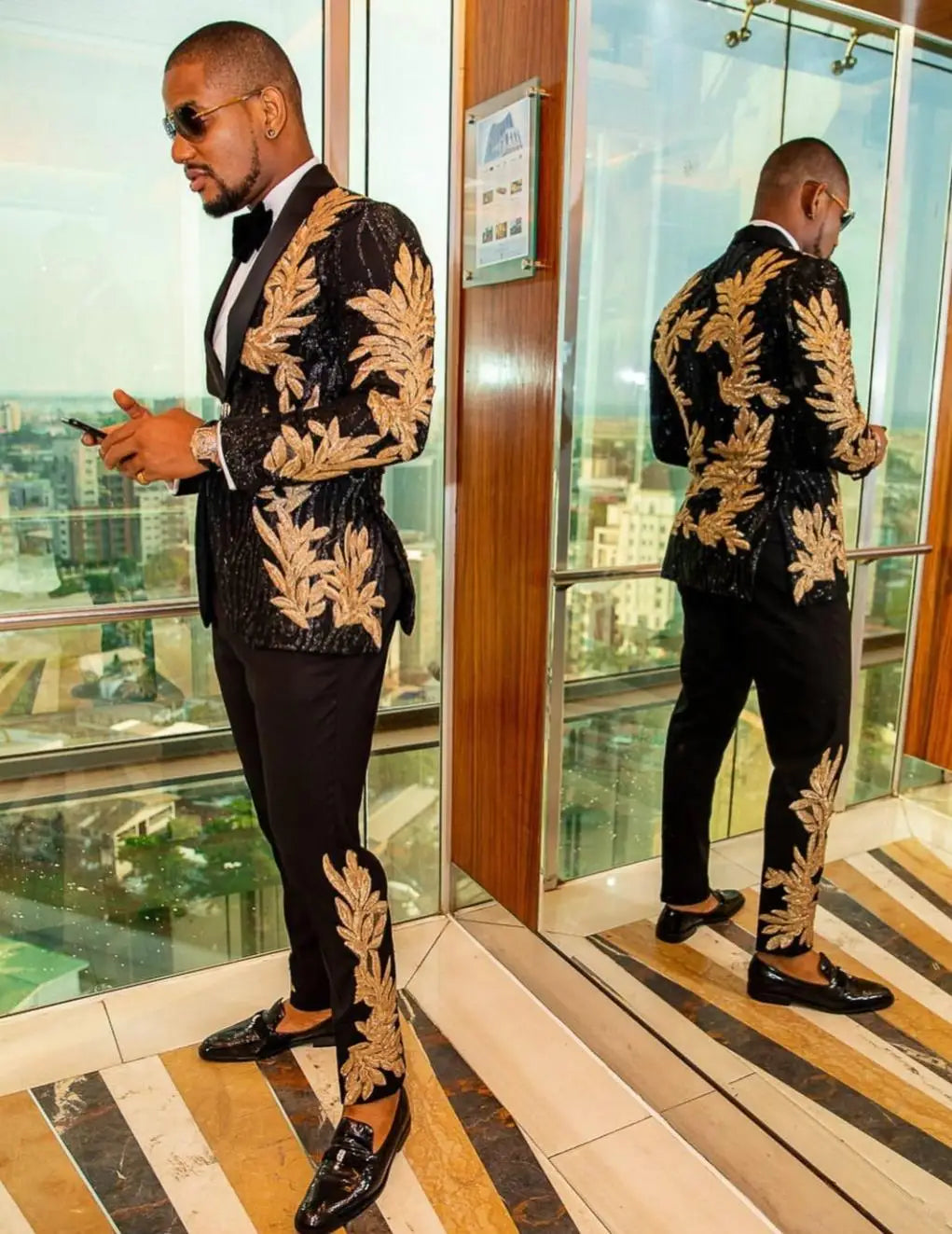 2 Pieces Slim Fit Men's Shiny Sequins Gold Applique Suits Prom Tuxedos Grooms Jacket For Wedding Party Suits Set  Blazer+Pants