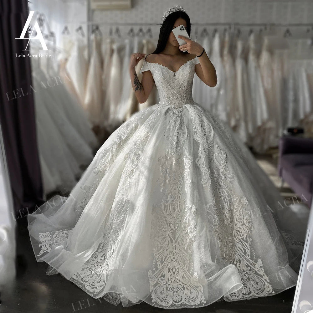 Luxury Sleeveless Wedding Dress Appliques Beaded Ball Gown Bridal Princess LelaAcra LI46 Customized Party Vestido De Novia