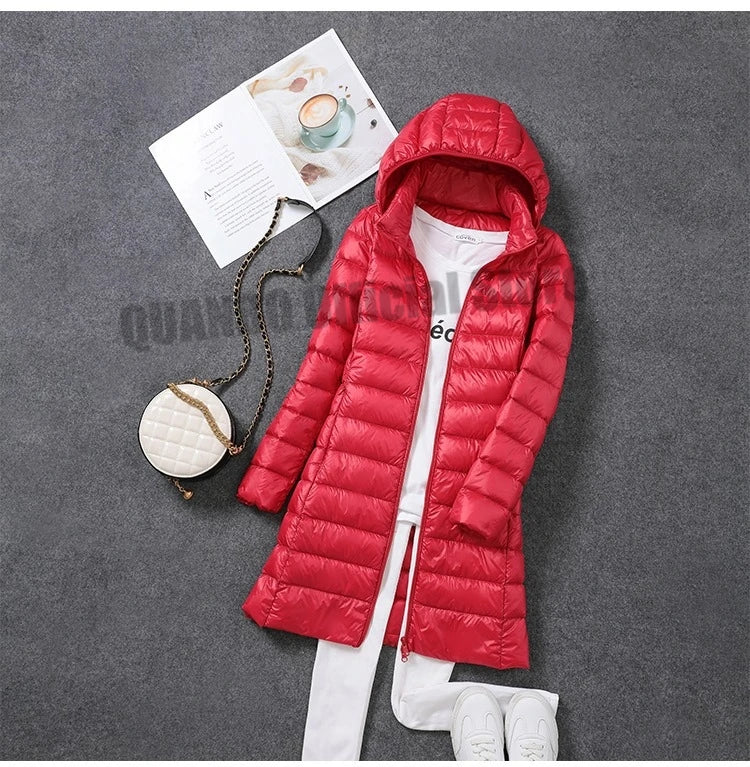 2023 Women Autumn Winter Ultralight Thin Packable Down Long Jacket  Female Hat Detachable Slim Fit Skirt Coat Portable Outwear