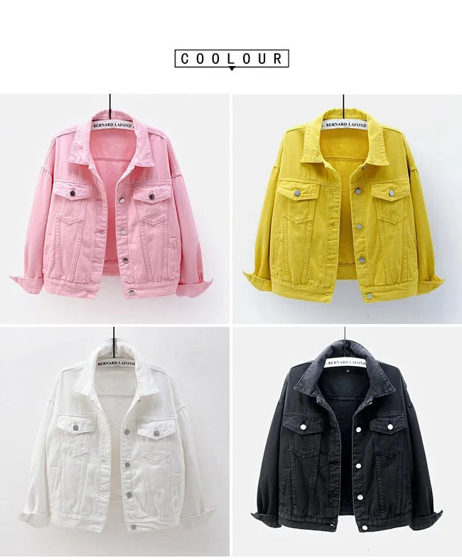 Solid Short Women's Denim Coat Spring Autumn Female Loose Jeans Jacket Purple Student Casual Outwear White Pink Yellow Red Black
