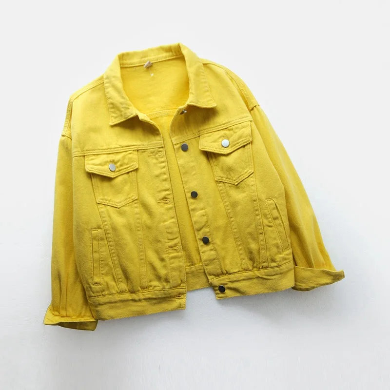 Solid Short Women's Denim Coat Spring Autumn Female Loose Jeans Jacket Purple Student Casual Outwear White Pink Yellow Red Black