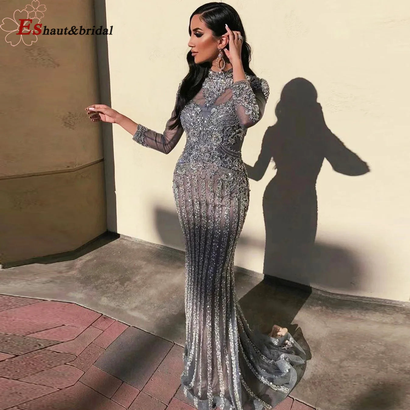 Elegant Muslim Wedding Evening Dress for Women 2026 Crystal High Neck Long Sleeves Mermaid Formal Prom Party Gowns Customized