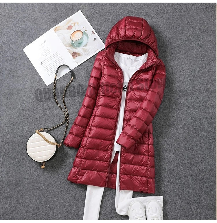 2023 Women Autumn Winter Ultralight Thin Packable Down Long Jacket  Female Hat Detachable Slim Fit Skirt Coat Portable Outwear