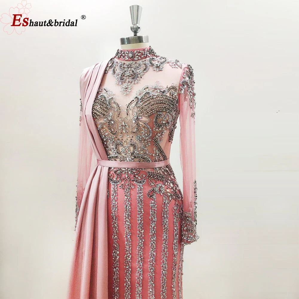 Elegant Muslim Wedding Evening Dress for Women 2026 Crystal High Neck Long Sleeves Mermaid Formal Prom Party Gowns Customized