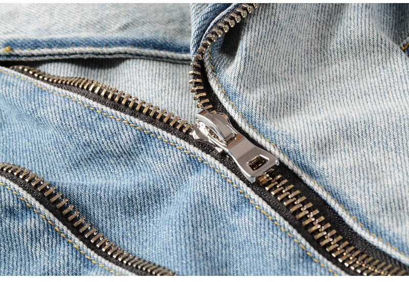 Sokotoo Men's Holes Ripped Blue Jean Biker Jacket for Motorcycle Streetwear Zippers Turn Down Collar Denim Coat Outerwear