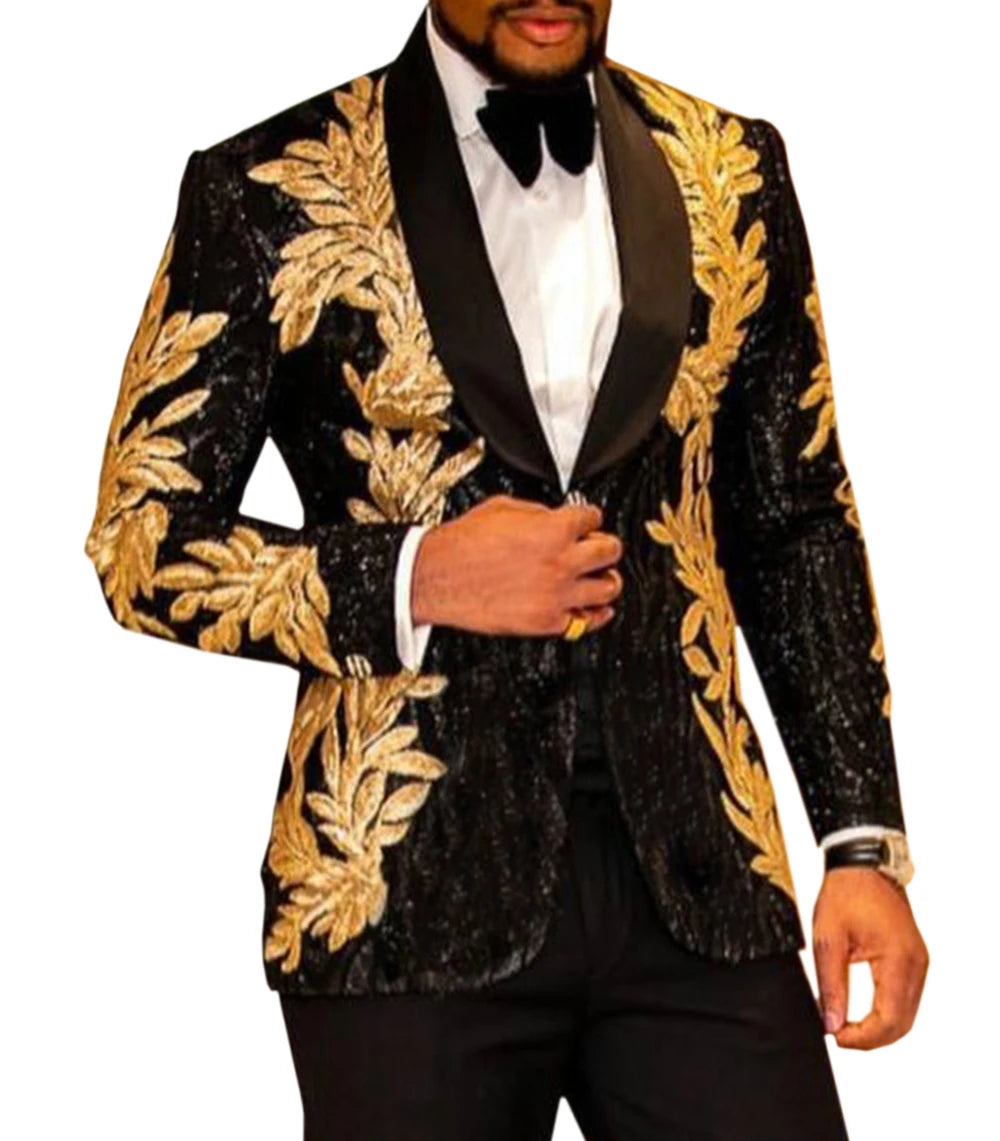 2 Pieces Slim Fit Men's Shiny Sequins Gold Applique Suits Prom Tuxedos Grooms Jacket For Wedding Party Suits Set  Blazer+Pants