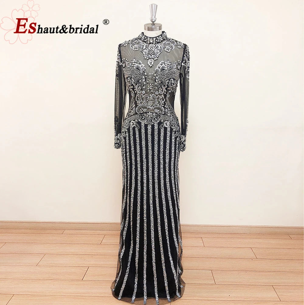 Elegant Muslim Wedding Evening Dress for Women 2026 Crystal High Neck Long Sleeves Mermaid Formal Prom Party Gowns Customized