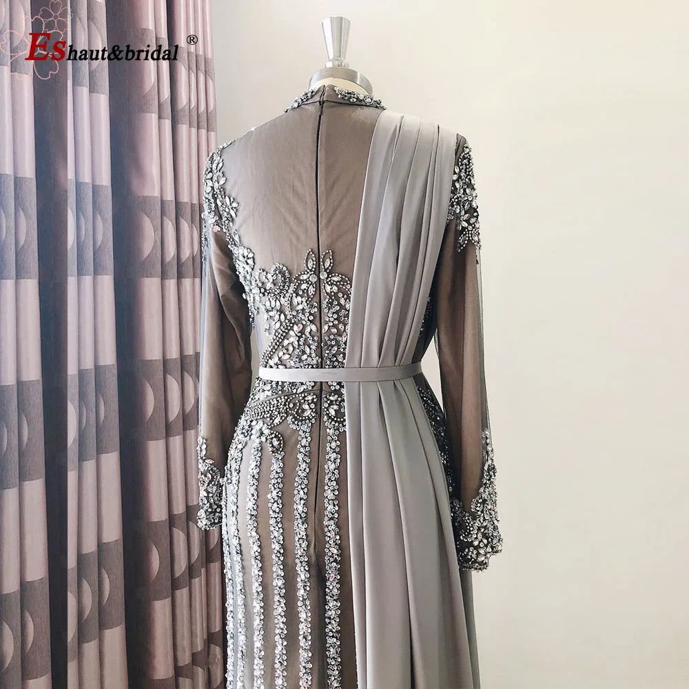Elegant Muslim Wedding Evening Dress for Women 2026 Crystal High Neck Long Sleeves Mermaid Formal Prom Party Gowns Customized
