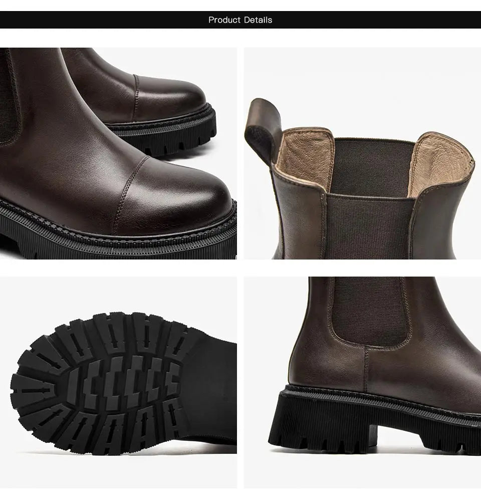 BeauToday Chelsea Women's Genuine Leather Boots Platform Round Toe Elastic Band Thick Sole Ladies Shoes Handmade 02379S