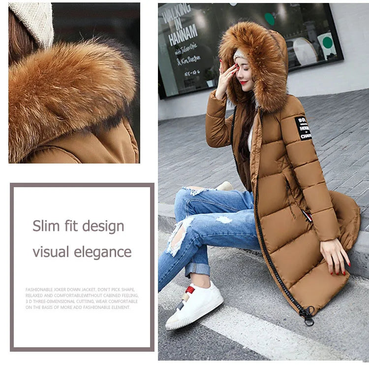 2024 Women's Down Parkas Winter Jacket Big Fur Collar Thick Slim Coat Fashion Hooded Cotton Outerwear Long Winter Woman Coat