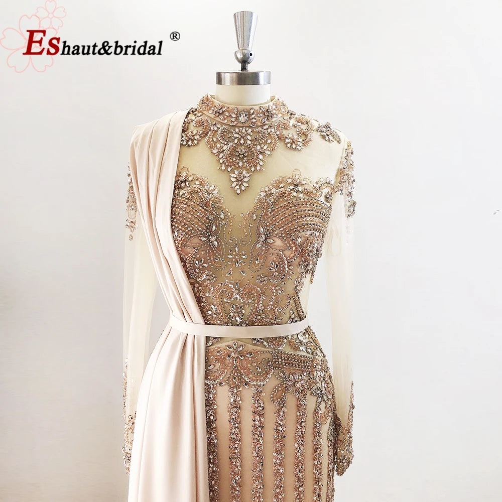 Elegant Muslim Wedding Evening Dress for Women 2026 Crystal High Neck Long Sleeves Mermaid Formal Prom Party Gowns Customized