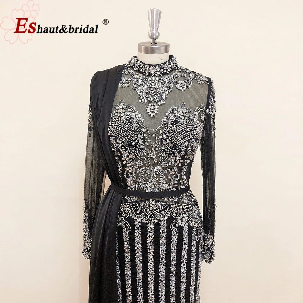 Elegant Muslim Wedding Evening Dress for Women 2026 Crystal High Neck Long Sleeves Mermaid Formal Prom Party Gowns Customized