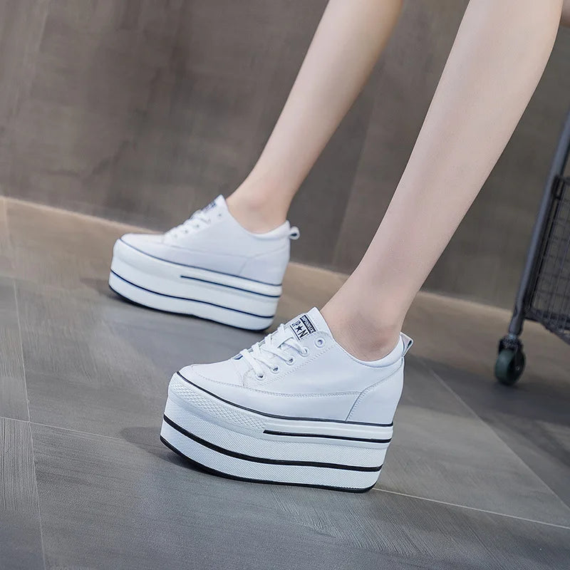 Fujin 10.5cm High Thick Heel Platform Flats Women Casual Shoes Genuine Leather Soft Quality Casual Shoe Sneakers White Black