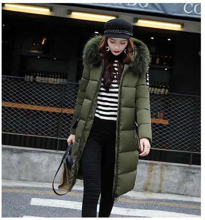 2024 Women's Down Parkas Winter Jacket Big Fur Collar Thick Slim Coat Fashion Hooded Cotton Outerwear Long Winter Woman Coat