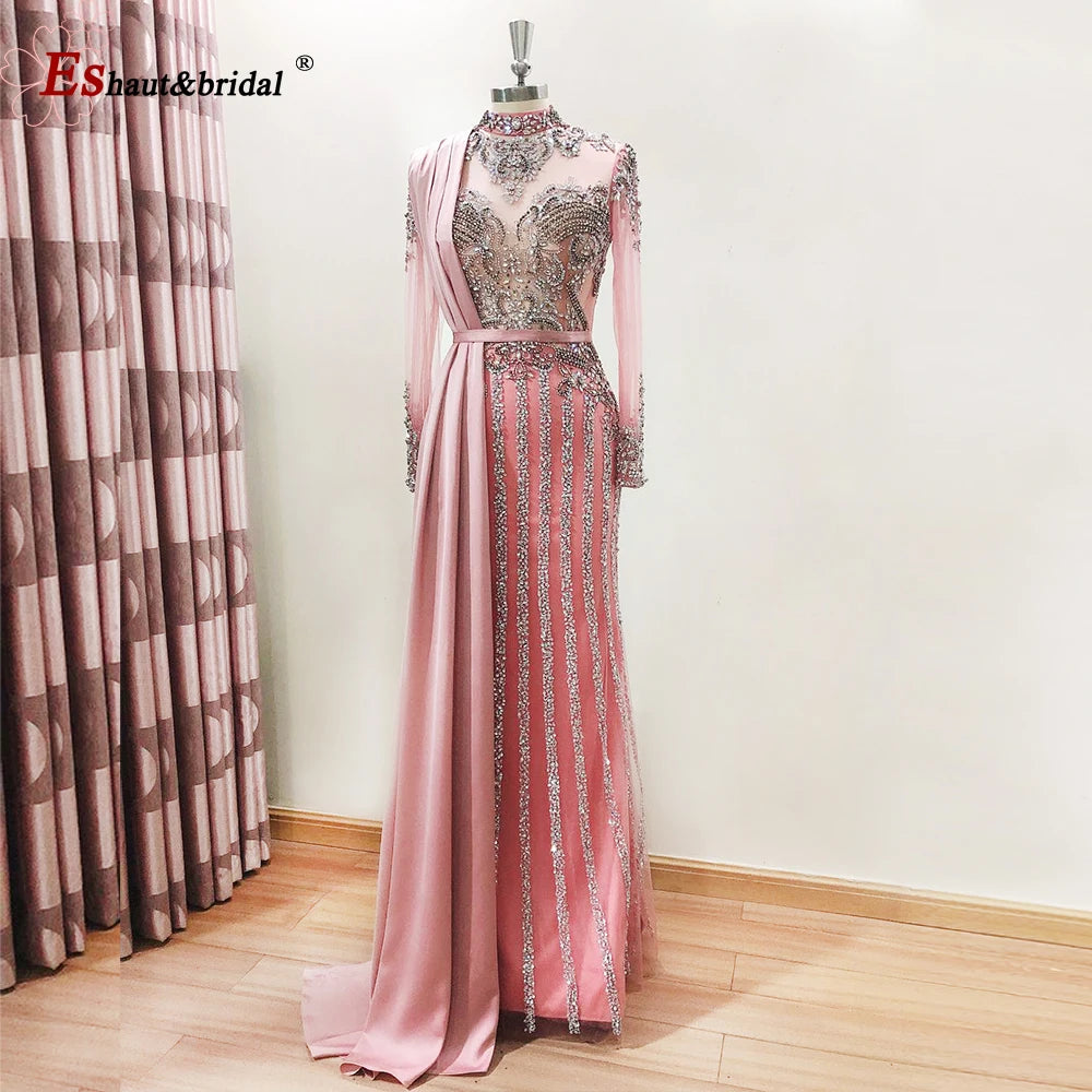 Elegant Muslim Wedding Evening Dress for Women 2026 Crystal High Neck Long Sleeves Mermaid Formal Prom Party Gowns Customized