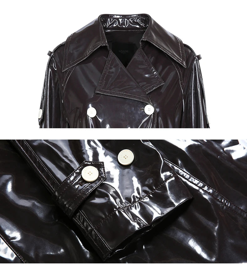 Nerazzurri Long Waterproof Black Patent Leather Trench Coat for Women 2020 Double Breasted Iridescent Oversized Leather Coat 7XL