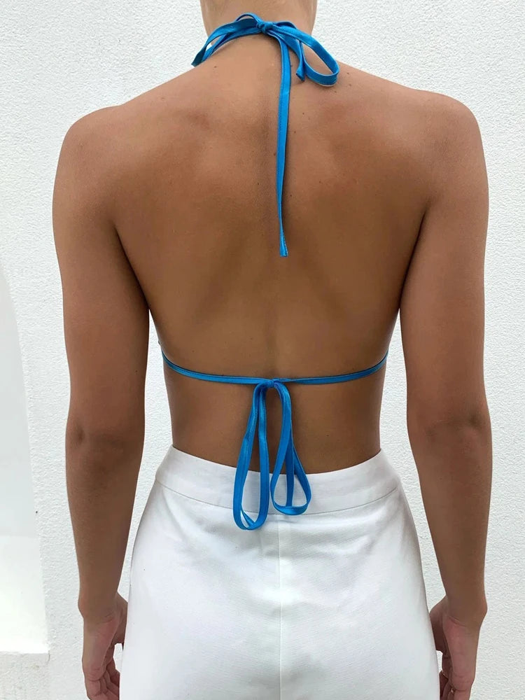 Backless Blue Sexy Halter Top Women Satin Camisole Party Strappy Short Tanks Camis Wrap Tops Y2k Clothes Summer 2022 Outfits