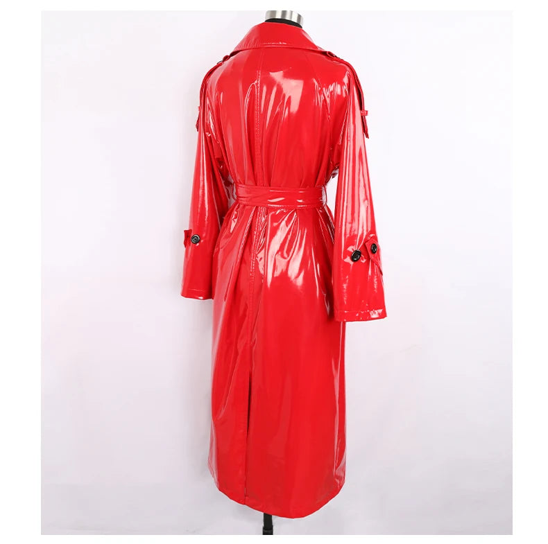 Nerazzurri Long Waterproof Black Patent Leather Trench Coat for Women 2020 Double Breasted Iridescent Oversized Leather Coat 7XL