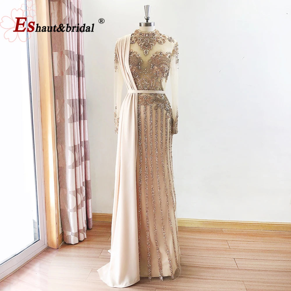 Elegant Muslim Wedding Evening Dress for Women 2026 Crystal High Neck Long Sleeves Mermaid Formal Prom Party Gowns Customized