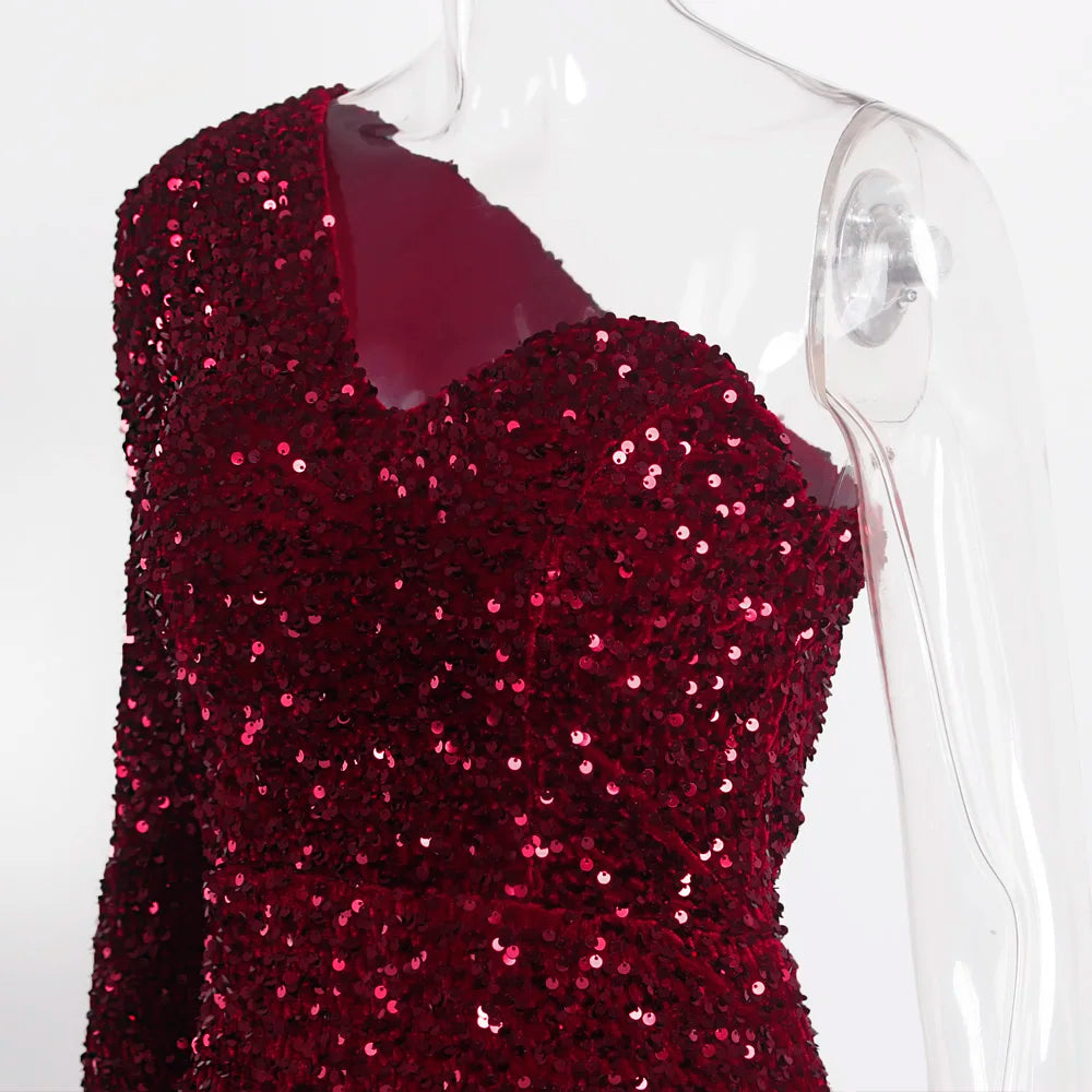 Black Stretch Sparkles Sequined One Sleeve Bodycon Party Dress Padded Knee Length Sexy Night Club Midi Dress Burgundy