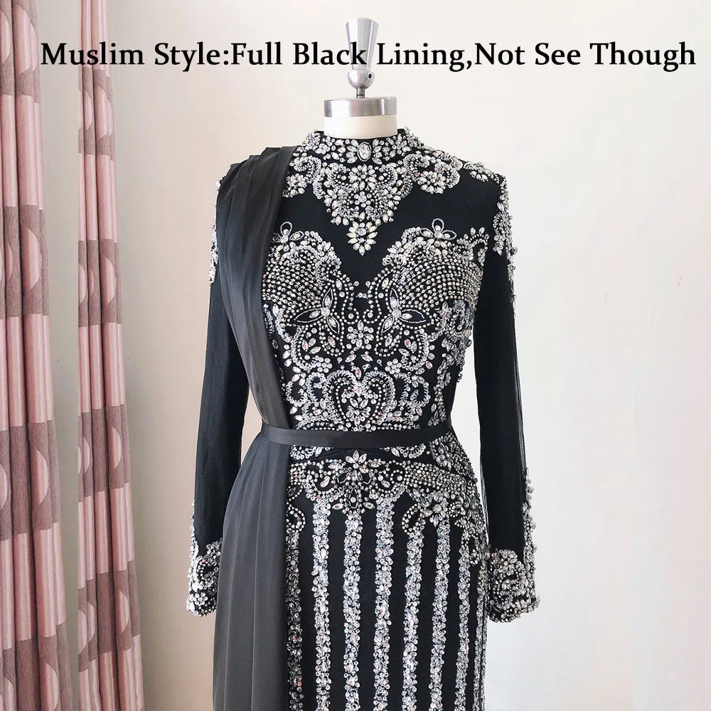 Elegant Muslim Wedding Evening Dress for Women 2026 Crystal High Neck Long Sleeves Mermaid Formal Prom Party Gowns Customized