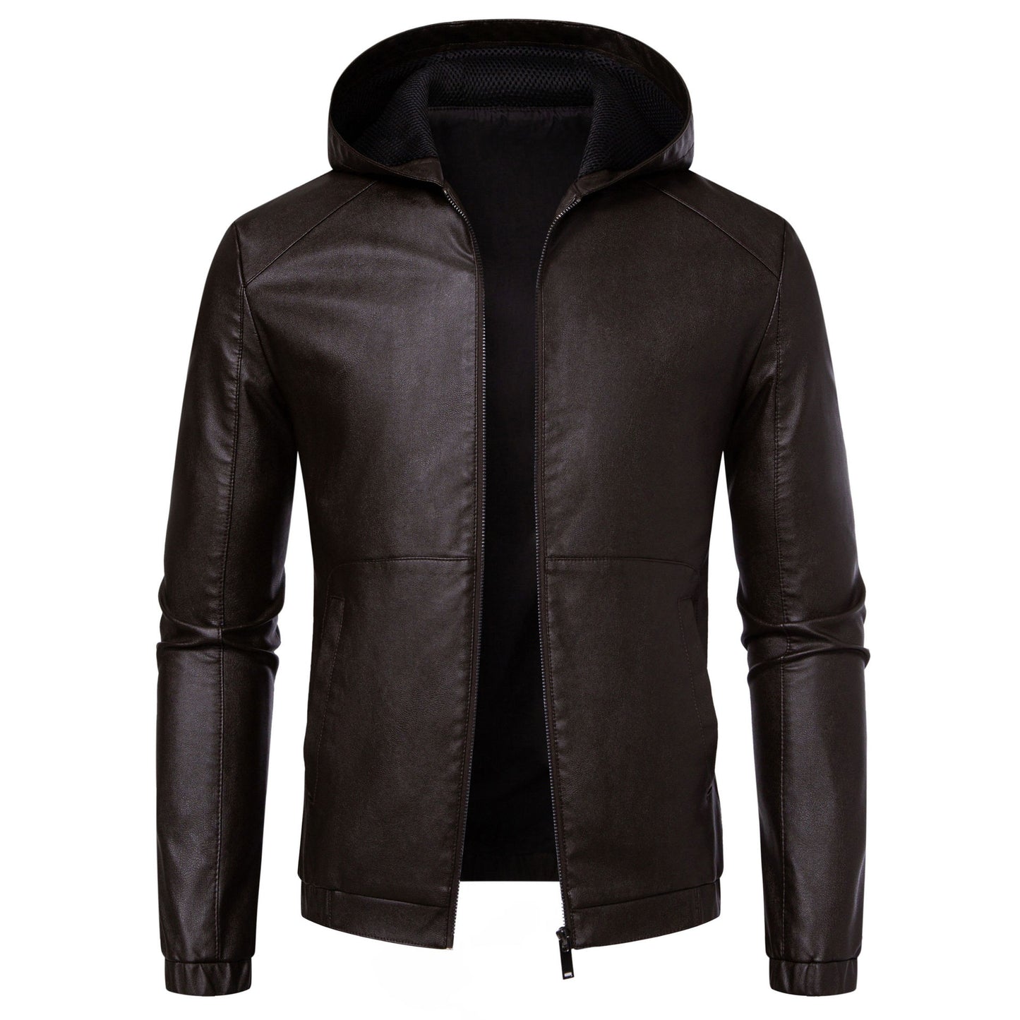 Minglu Hooed Black Pu Mens Leather Jacket Spring Autumn Long Sleeve Slim Fit Solid Color Faux Leather Zipper Male Coats 5XL