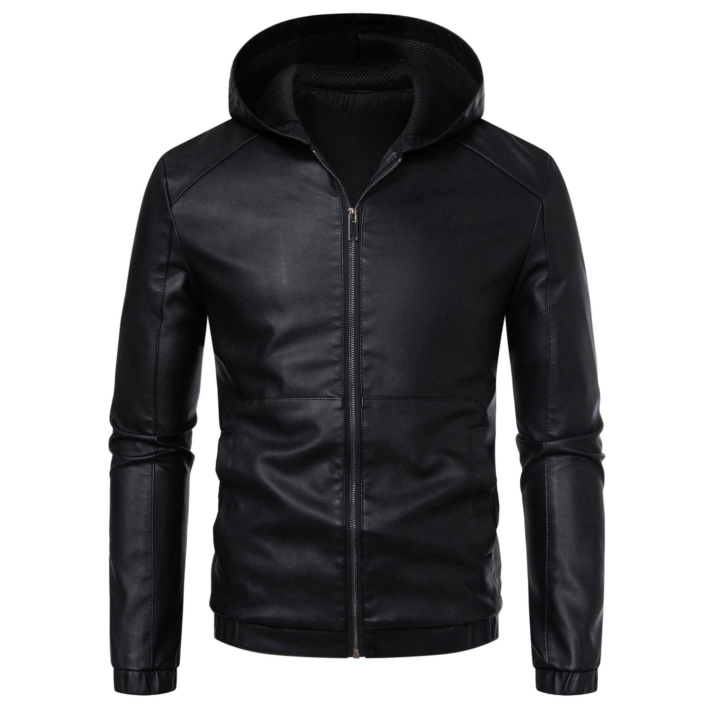 Minglu Hooed Black Pu Mens Leather Jacket Spring Autumn Long Sleeve Slim Fit Solid Color Faux Leather Zipper Male Coats 5XL