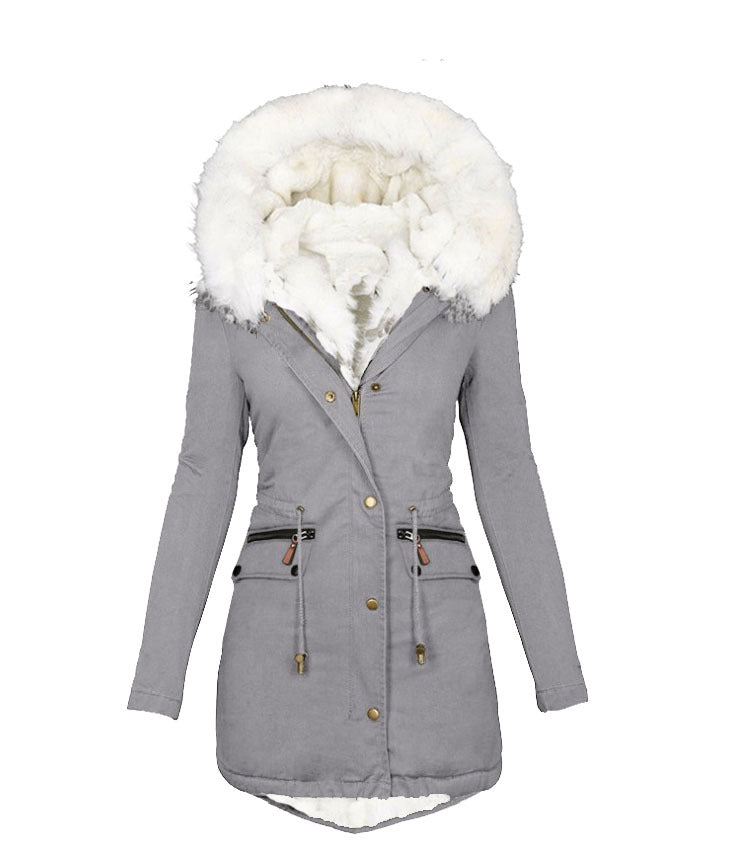 2024 Autumn and winter pie overcome women plus fleece waist cotton-padded coat white fur collar hooded warm coat European size l