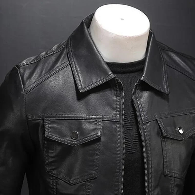 Men's Motorcycle Leather Jacket Large Size Pocket Black Zipper Lapel Slim Fit Male Spring Autumn High Quality PU Coat